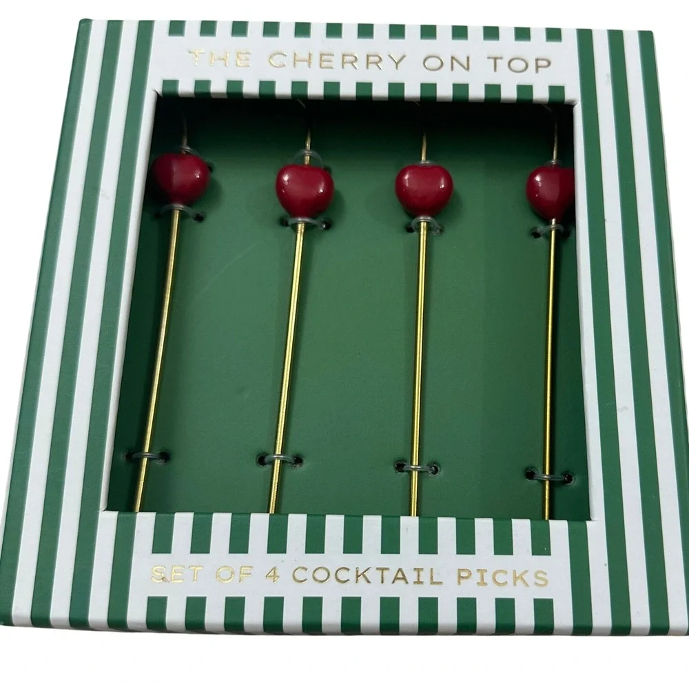 Anthropologie Cherry Stainless Steel Gold Red Cherry Cocktail Picks Set of 4 NEW